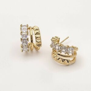 Gold Triple-Row Hoop Earrings with Clear Stones